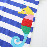Summer Arrival Baby Girls Cartoon Seahorses Pattern Short Sleeves Striped Dress
