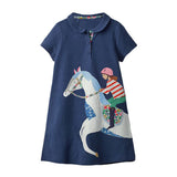 Summer Arrival Girls Short Sleeves Horse Racing Cartoon Turn-Down Collar Dress