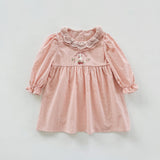 Arrival Autumn Girls Simple Cartoon Embroidery Pattern Long Sleeves Hollow-out Collar Dress - MyKids-USA™