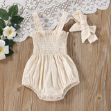Baby Girls Solid Color Sleeveless Summer Shirred Bodysuit Onesies & Headband