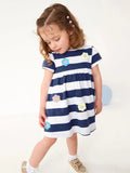Spring And Summer Baby Girls Navy Blue Striped Floral Short Sleeves Dress - MyKids-USA™