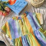 Summer Arrival Baby Kids Girls Short Sleeves Geometric Striped Pattern Dress