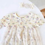 Baby Girls Floral Print Embroidered Lace Patchwork Design Doll-Neck Onesies Dress - MyKids-USA™