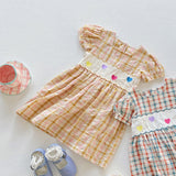 Summer Girls Short Sleeves Colorful Plaid Heart Embroidery Dress - MyKids-USA™