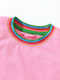 Summer Animals Pattern Short-sleeved Pink Dress with Colorful Striped Neck for Stylish Girls
