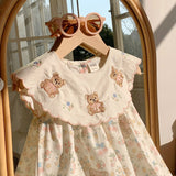 Summer Baby Kids Girls Sleeveless Teddy Bear and Flowers Pattern Dress - MyKids-USA™