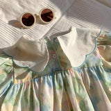 Summer Baby Kids Girls Short Sleeves Oil-Painting Flowers Pattern Dress