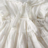 Baby Girl Belted Bow Tie Design Mesh Square Neck Solid White Onesies Dress - MyKids-USA™