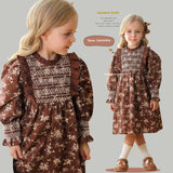 Design Autumn Girls Vintage Floral Long Puff Sleeves Ruffle Neck Dress