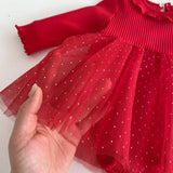 Spring New Design Baby Red Long Sleeves Mesh Onesie Dress For Girls