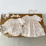Summer Girls Flowers And Animals Pattern Short Sleeves Hollow Out Collar Onesies And Dress – Sister Matching Clothing Set - MyKids-USA™