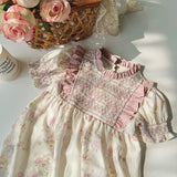Summer Baby Kids Girls Short Sleeves Ruffle Neck Pink Floral Dress