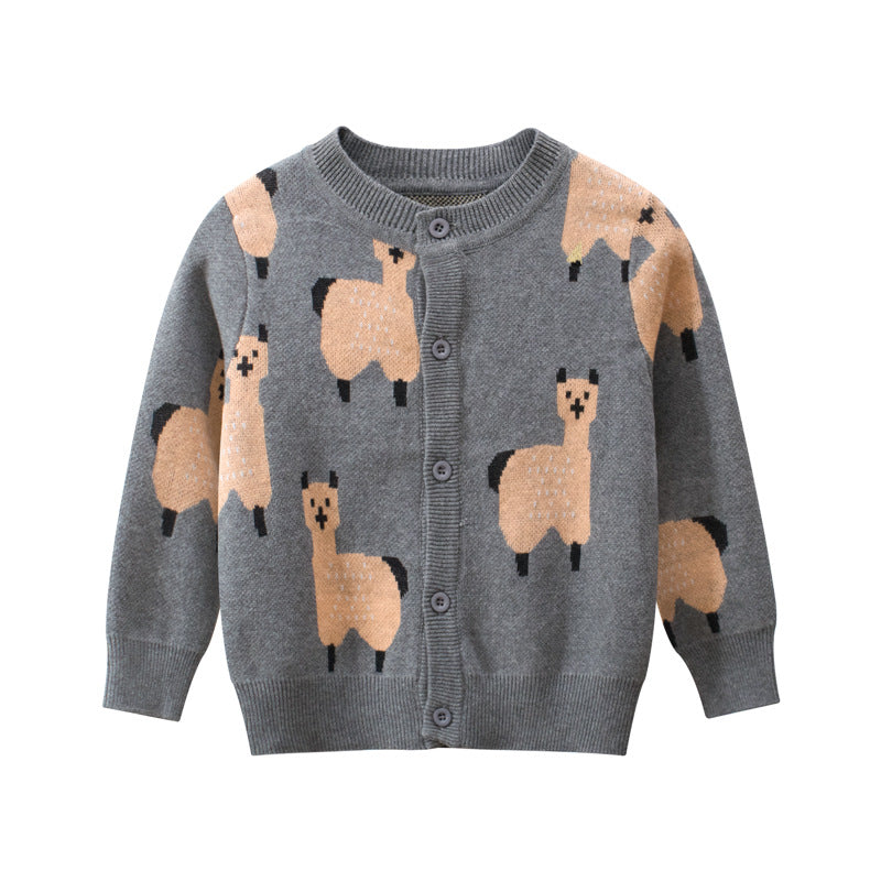 Baby Boy Cartoon Llama Embroidered Pattern Button Front Knitted Cardigan - MyKids-USA™