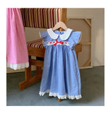 Summer Baby Kids Girls French Fly Sleeves Floral Pattern Embroidered Pattern Plaid Dress - MyKids-USA™