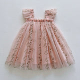 Summer Arrival Floral Pattern Fly Sleeves Tulle Dress for Stylish Girls