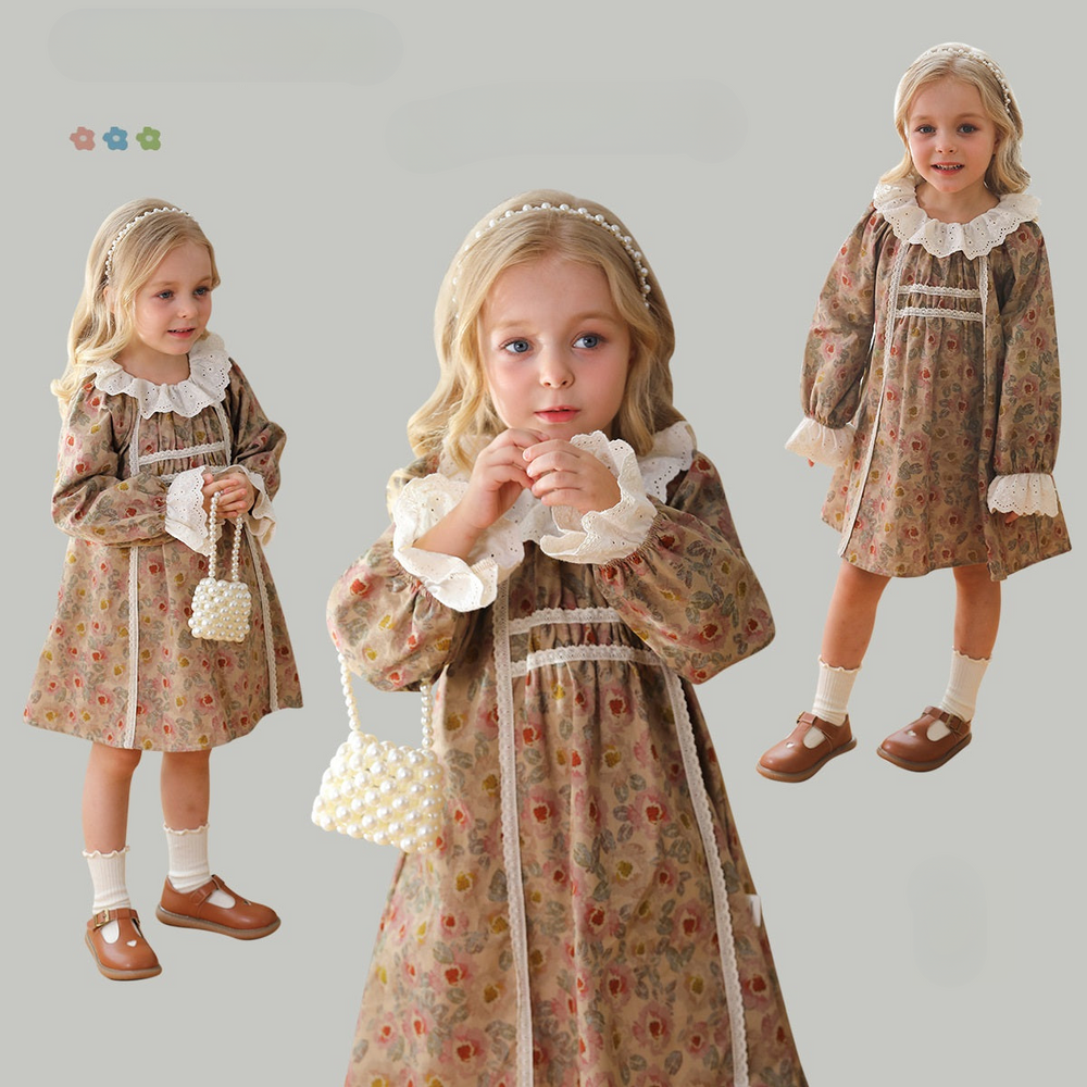 Design Autumn Girls Vintage Floral Ruffle Collar Long Sleeves Dress - MyKids-USA™