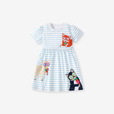 Summer Pure Cotton Animals Cartoon Pattern Short Sleeves Striped Dress for Stylish Girls
