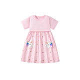 Summer Arrival Cartoon and Rainbow Pattern Short Sleeves Dress for Stylish Girls