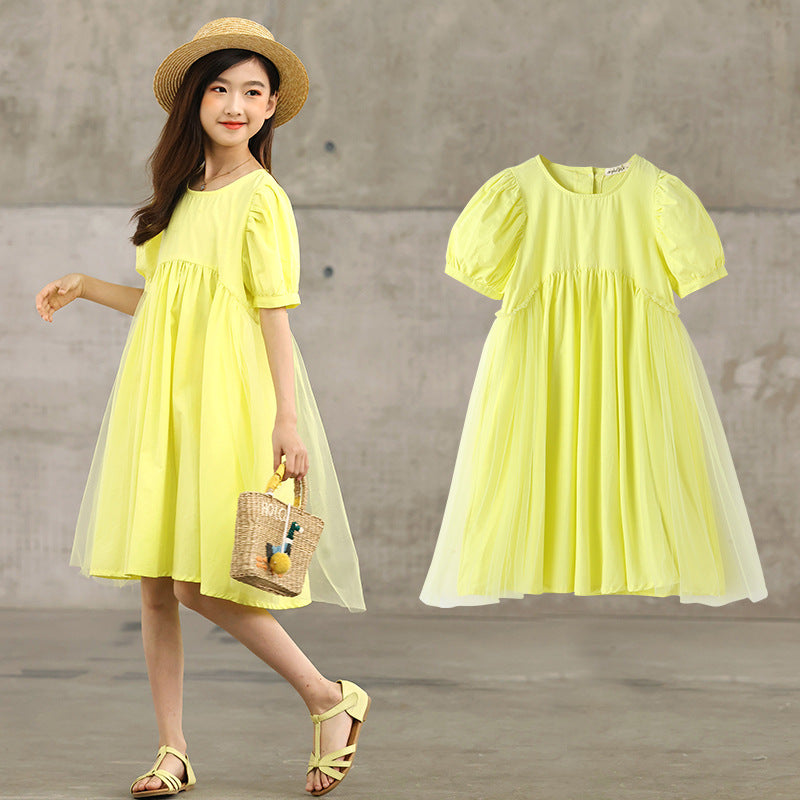Hot Selling Summer Kids Girls French Style Solid Color Yellow Pure Cotton Short Sleeves Dress - MyKids-USA™