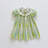Summer Arrival Baby Kids Girls Short Sleeves Geometric Pattern Embroidered Striped Dress
