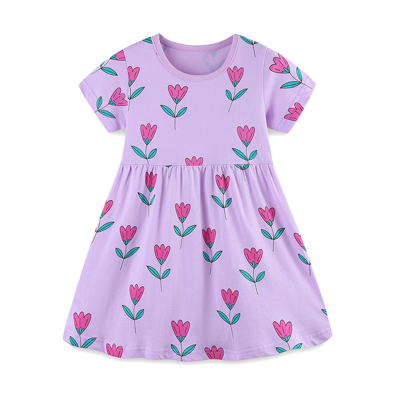 Summer New Arrival Girls’ Purple Flowers Pattern Short Sleeves Dress - MyKids-USA™