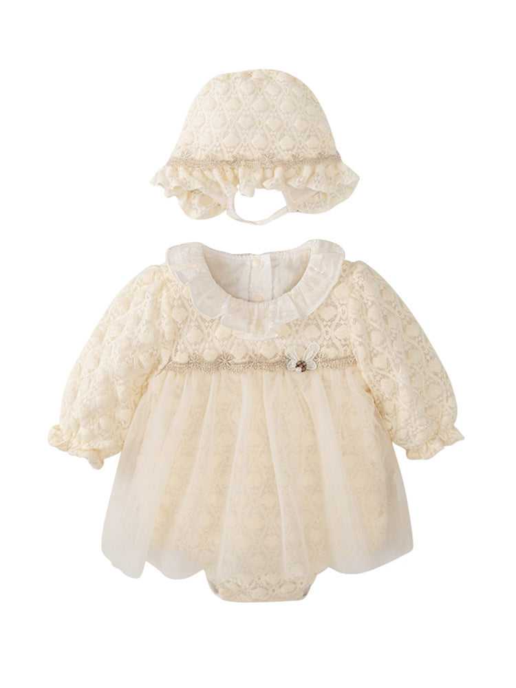 Autumn Tulle Dress Design Baby Girls Beige Geometric and Heart Pattern Long Sleeves Onesies with Princess Collar and Hat - MyKids-USA™