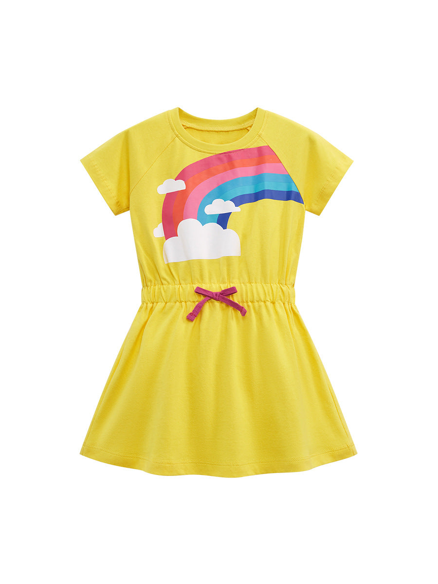 Baby Kids Girls Crew Neck Rainbow Clouds Print Short Sleeves Dress - MyKids-USA™