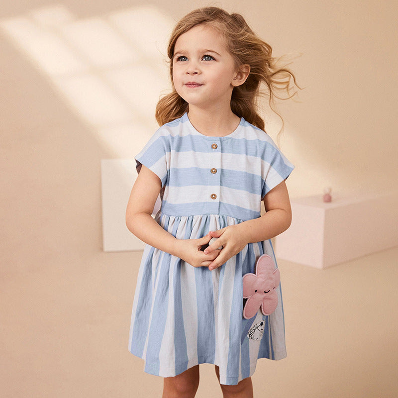 Summer Arrival Flowers Pattern Short Sleeves Striped Dress for Stylish Girls - MyKids-USA™