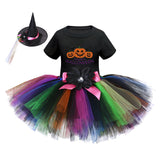 Arrival Girls’ Halloween Costume: Short Sleeves Cartoon Print Witches Cosplay Party Tulle Patchwork Dress with Hat Set - MyKids-USA™