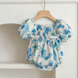 Summer Girls Blue Floral Pattern Square Neck Pleated Onesies And Girls’ Dress – Princess Sister Matching Set - MyKids-USA™
