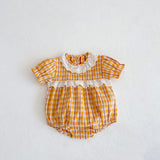 Design Summer Girls Hollow Out Collar Short Sleeves Floral Striped, Plaid Onesies And Dress – Sister Matching Clothing Set