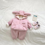 Winter Hot Selling Baby Girls Long Sleeves Simple Rabbit Attached Hooded Top Coat and Thick Trousers Set - MyKids-USA™