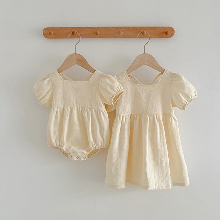 Summer Girls Solid Color Simple Square Neck Onesies And Girls’ Dress – Princess Sister Matching Set - MyKids-USA™