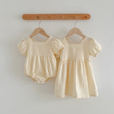 Summer Girls Solid Color Simple Square Neck Onesies And Girls’ Dress – Princess Sister Matching Set - MyKids-USA™