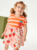 Summer New Arrival Girls Short Sleeves Striped Strawberry Print Dress