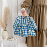 Autumn Arrival Baby Girls Long Sleeves Floral Plaid Ruffle Neck Onesies Dress