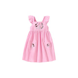 Baby Kids Girls Pink Square Neck Floral Embroidered Fly Sleeves Strap Dress