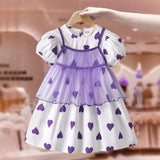 Summer Kids Girls Short Sleeves Heart Print Sweet Mesh Princess Dress - MyKids-USA™