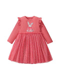 Design Autumn Girls Cartoon Deer Pattern Crew Neck Long Sleeves Tulle Patchwork Dress - MyKids-USA™