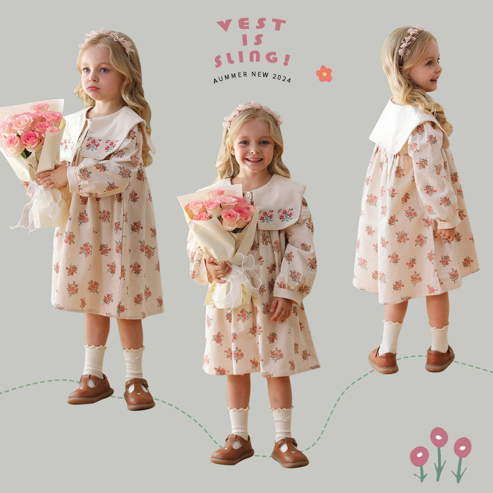 Design Autumn Girls Fashion Floral Long Sleeves Square Collar Dress - MyKids-USA™
