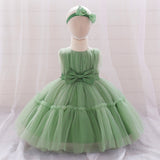 New Arrival Summer Baby Kids Girls Sleeveless Solid Color Ruffle Mesh Bow Tied Dress