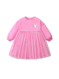 Arrival Autumn Girls Cartoon Rabbit Logo Crew Neck Long Sleeves Pink Tulle Patchwork Princess Dress
