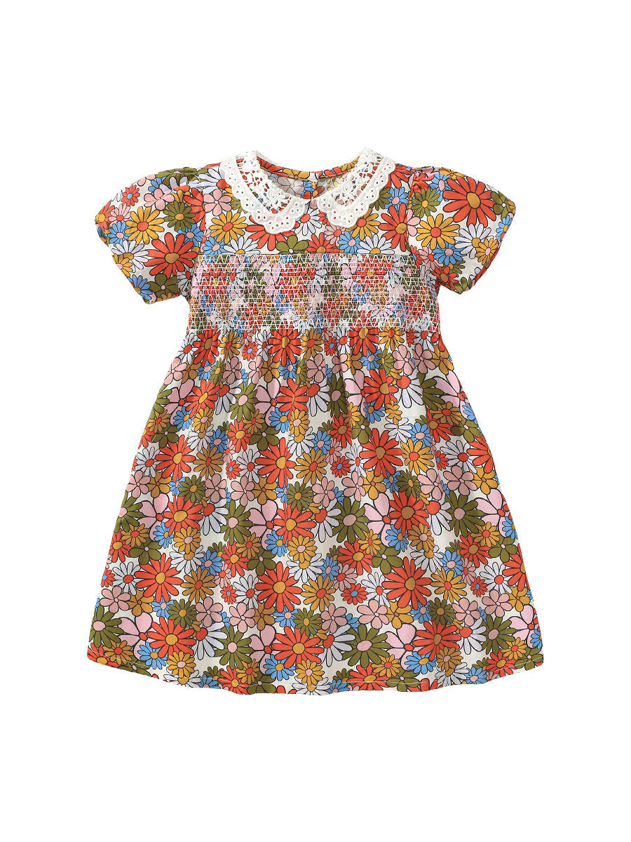 New Design Summer Girls Flowers Print Lace Collar Dress - MyKids-USA™