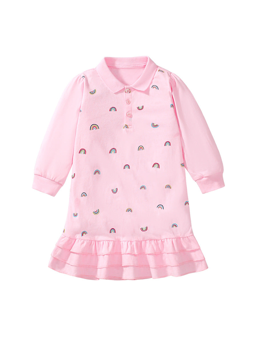 Spring And Fall Girls’ Rainbow Print Long Sleeves Polo Shirt Design Dress In European And American Style For Summer - MyKids-USA™