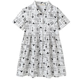 Girl Printed Pattern Single Breasted Design Polo Collar Dress