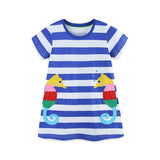 Summer Arrival Baby Girls Cartoon Seahorses Pattern Short Sleeves Striped Dress