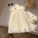 Summer Baby Kids Girls Sleeveless Butterfly Embroidered Mesh Design Off Shoulder Strap Dress