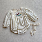 Baby Solid Color Embroidered Pattern Long Sleeve Onesies With Hat