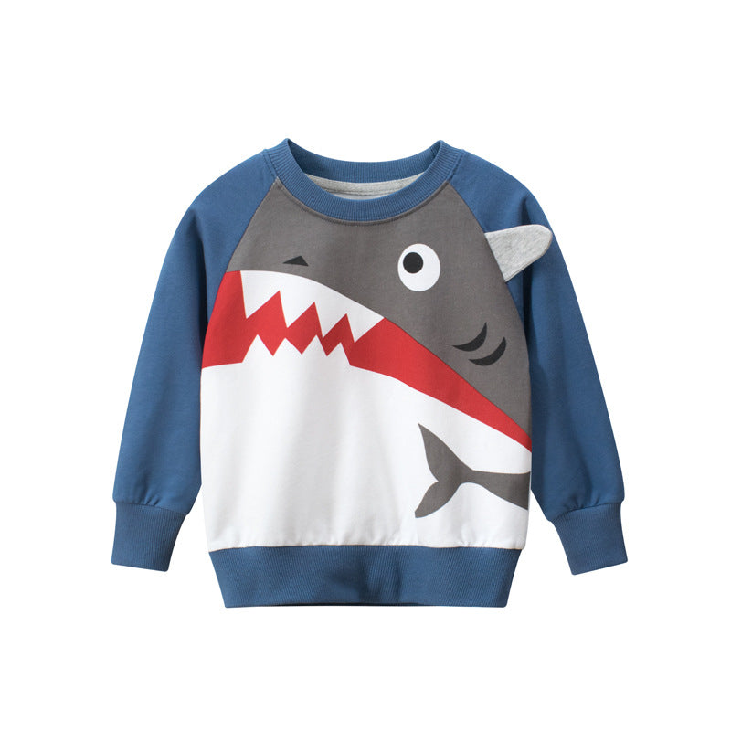 Baby Boy Shark Graphic Contrast Design Long Sleeved O-Neck Pullover Hoodies - MyKids-USA™