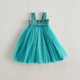 Summer Baby Kids Girls Sleeveless Solid Color Mesh Patchwork Design Off Shoulder Strap Dress